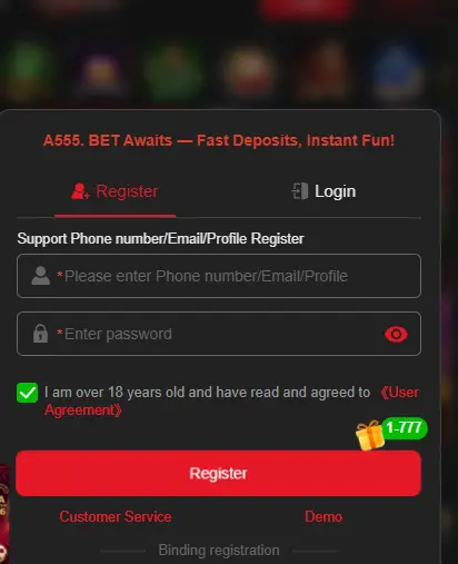login and register of a555 game