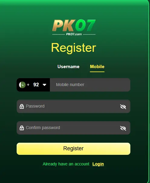 LOGIN AND REGISTER TO PK07 GAME